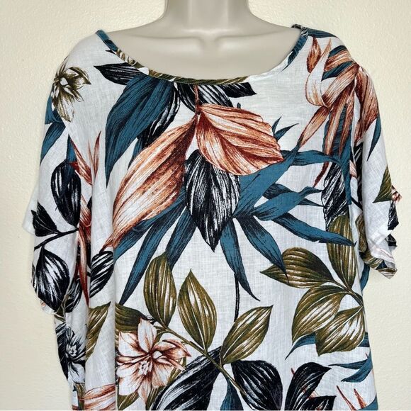 C&C California Linen Cream Tropical Flower High Low Short Sleeve Top Women 1X - Picture 3 of 11